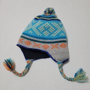 ANDES GIFTS Fleece Lined Alpaca Blend Ear Flap Beanie Chullo Hat Pom Blue